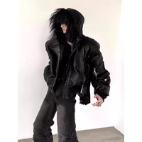 Mauroicardi Spring Autumn Cool Short Oversized Black Warm Pu Leather Jacket Men with Faux Fur Trim Hood Luxury Designer Clothes