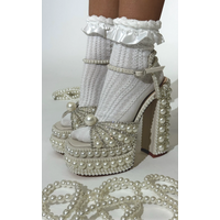 2026 New in Women's white pearls diamond chunky heel sandals wedding bow elegant platform crystal high heels luxury designer