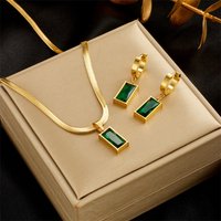 ZAKOL 2Pcs/set Stainless Steel Rectangle Green Crystal Zircon Pendant Necklace Earrings For Women Fashion Party Jewelry Set
