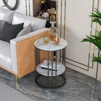 Table d'appoint ronde en pierre frittée à 2 niveaux, côté canapé blanc, petite table basse avec cadre noir, table de chevet moderne
