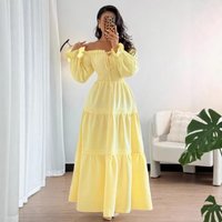 Elegant Yellow Off Shoulder Bohemian Maxi Dress 2026 New Women Puff Long Sleeve Tiered Ruffle Long Dress Vacation Party Dresses