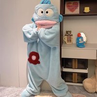 Hangyodon One Piece Pajamas Coral Fleece Thick Warm Winter Cartoon Funny Fish Mouth Sleepwear For Women Men Couple Loungewear