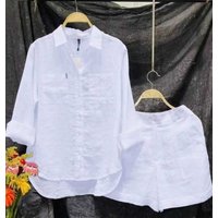 Fashion White Long Sleeve Shirt And Shorts Two Piece Sets Women 2025 Summer Cotton Linen Casual Home 2 Piece Set For Women