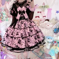 Sweet Black Pink Lolita Dress Women Kawaii Elegant Luxury Y2k Chic Retro Gothic Dresses Girls Witch Pattern Midi Dress 2025