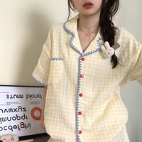 Cute Summer Color-Block Checkered Pajamas for Women: Short-Sleeve Set, Sweet Loungewear Two-Piece Set, Women's Summer Clothing