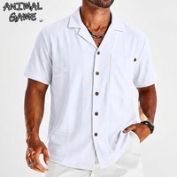 Men's Short Sleeve Linen Hawaiian Shirts Summer Lightweight Breathable T-shirts for Men Casual Henley Shirt Beach V-neck Shirt