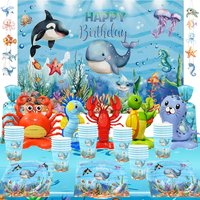 New Ocean Animal Balloon Number Set Marine Animal Crab Seahorse Backdrop Tableware Plate Cup Napkin Tablecloth Birthday Supplies