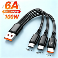 6A 100W Portable MultiPlug USB A To 3 Type-C Charging Cable For iPhone Samsung Xiaomi Android Phones Durable Wear-resistant Line