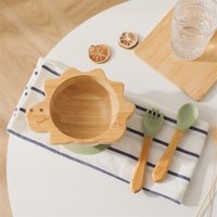 Baby Wooden Tableware Set Dinosaur Bamboo Wooden Plate Bowl Silicone Suction Wooden Handle Fork Spoon for Children Feeding Gift