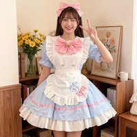 Sweet Vintage Lolita Maid Cosplay Outfit, Halloween Party Performance Waitress Lace Ruffle Apron Dress Role Play Costume S-3XL
