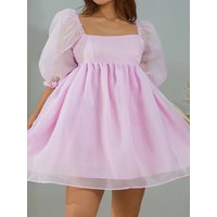 New Women Summer Puffy Dress Solid Color Square Neck Bubble Sleeve Short Dress For Ladies Pink Purple Yellow S-2XL