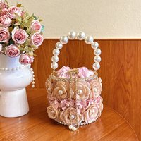 Flower Design Rhinestone Banquet Bag For Women Luxury Pearl Handle Bucket Handbags French Fashion Elegant Party Basket Bags