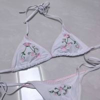 Pink Trim Adjustable Straps Summer Beach Y2K Aesthetic Bathing Suit Women's White Floral Embroidery Bikini Set Swimsuit