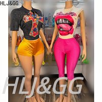 HLJ&GG Vintage Pattern Print Tshirts Two Piece Sets Women V Neck Loose Top And Shorts Outfits Fashion Trend 2pcs Streetwear 2026