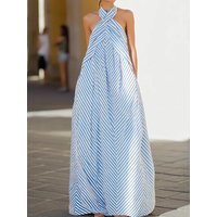 Sleeveless Striped Patchwork Chic Maxi Dress, Women Summer Backless Casual Simple Party Dress, 2026 Halter Elegant Ladies Dress