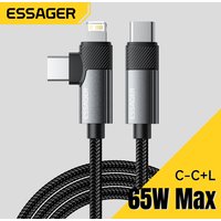 Essager 2-in-1 Right Angle Cable C-L 29W C-C 65W Fast Charging Elbow Data Cable For iPhone 15 14 13 MacBook Lenovo Dell iPad Pro