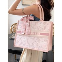 Large Capacity Canvas Tote Bag Women's Commuter Shoulder Bag Casual Pink Handbag British Style Soft PU Leather Zipper Closure