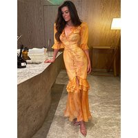 Chic Women Long Dress Belt Printed V-neck Half Sleeve Ruffles Slim Fitting Female Dress Fashion Summer Vacation Clothes 2026