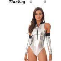 Womens Halloween Space Alien Cospaly Costume Astronaut Robot Role Play Party Metallic Shiny Zipper Bodysuit with Hair Hoop Set