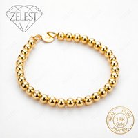 925 Sterling Silver 18K Gold Plated 8-inch 6mm Simple Glossy Round Bead Bracelet, Women's Fashion Wedding Party Jewelry