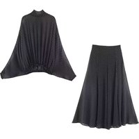 Streetwear Two-Piece Set Women Polka Dot Bow Tie Blouse Long Skirt Faionable Summer vintage ribbon shirt+large skirt set