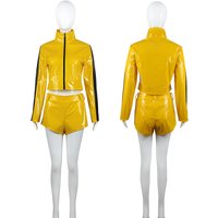 Costume de cosplay Kill Bill en cuir PU jaune, ensemble veste et short brillants avec rayures noires, tenue de fête d'Halloween pour femmes