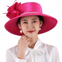 FS Black Rose Satin Cloth Fedora Hat Big Brim Sun Hats Fascinators For Women Elegant Church Wedding Kentucky Derby Boater Hat