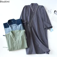 2026 Japanese Kimono Pajama Robe for Men 100% Cotton Plaid Nightgown Lace Up Long Robes Men Bathrobe Robe Home Service Sleepwear