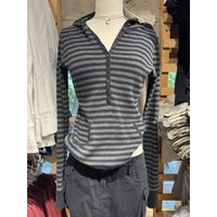 Gray Striped Waffle Hooded T-shirt Women Five Button CottonSlim Long Sleeve Tee Shirt Casual Preppy Style Vintage Tshirt Y2k