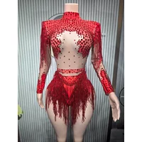 Gold Silver Sequins Tassel Elastic Bodysuit Sex)Pole Latin Dance Stage Wear Nightclub DJSinger Dancer Performance Costume Q025