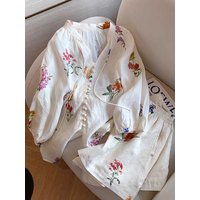 Summer Women Printed Two-piece Set Casual Loose Lace-up V-neck Single Breasted Lantern Sleeve Shirt Shorts Female Fashion Suit