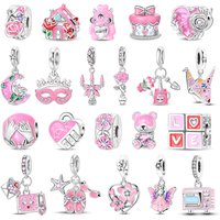Romantic 925 Sterling Silver Rose House Beads & Thousand Origami Cranes Dangle Charm Fits Bracelet Exquisite Pink Pendant Gifts