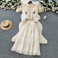 Chic Women Two-Piece Sets Embroidered long sleeve Top High Waist Skirt High Street fairycore Clothing