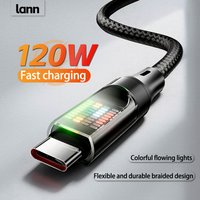 120W USB Type C Cable Type C to Type C 6A Fast Charging Nylon Braided LED Display for iPhone 15 16 17 Huawei Samsung Xiaomi