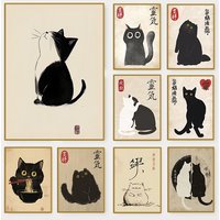 Vintage Japanese Cat Poster Cute Animal Japan Styles Canvas Painting Wall Art Picture for Living Room Home Decor Cat Lovers G