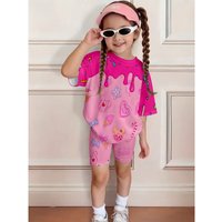 Cute Candy Print Casual Two-piece Set Summer Short-sleeve T-shirt and Shorts, Suitable for Birthday Gifts Casual and Comfortable