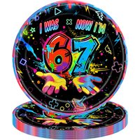 8pcs Neon 67 Birthday Party Theme Tableware Black Boy 'I Was Six Now I'm Seven' Design Plates Napkins Cups for Decor