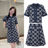 Vintage 2026 Lady Summer Plaid Suit O-neck Short Sleeve Single-breasted Cardigan A-line Mini Skirt Women Knit 2Pcs