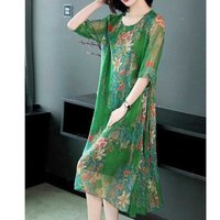Vintage Printing O-Neck Spliced Gauze Loose Floral Dress Women's Clothing Summer New Oversized Office Lady Midi Dress