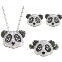 Foydjew Luxury Design Black Zircon Panda Jewelry Sets Cute Bear Cat Full Zircon Pendant Necklaces Rings Stud Earrings For Women