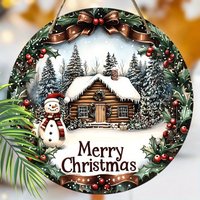 1pc Merry Christmas Snowy Jungle Snowflake Snowman Winter House Berries Retro Style Xmas Wood Porch Wreath Hanging Print Sign