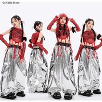 Girls Hip Hop Red Sequin Shiny Crop Hoodies Cargo Pants Kids K-pop Jazz Clothes Sets Children Girl Group Streetwear Costumes
