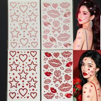 4 Valentine's Day Atmosphere Makeup Stickers with Heart-Shaped Red Lips and Diamond Designs, Shiny Pink Face Stickers for Handmade Decoration