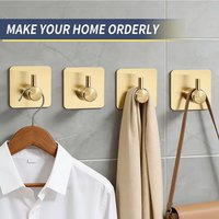 6pcs Set Of Gold-Colored Heavy-Duty Stainless Steel Adhesive Hooks, Suitable For Bathrooms And Bedrooms