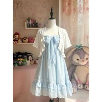 French Sweet Chiffon Light Blue Bow Ruffle Halter Neck Mini Dress 2 Piece Set Cardigan For Women Petite Summer Daily Wear Party