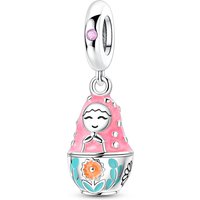 925 Sterling Silver Pink Matryoshka Russian Nesting Doll Charm Dangle Bead Cute Cultural Gift fit Women DIY Bracelet Necklace