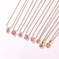 Exquisite PVD 18K Gold Plated Stainless Steel Pink Cubic Zirconia Square Heart Pendant Necklaces for Women Waterproof Jewelry