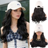 Trendy Long Body Wave Hair Wig Hat in Beige, Synthetic Baseball Cap with Integrated Hair for Women, Perfect for Casual Outfits &