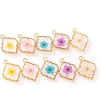 12Pcs Square Plated Natural Real Dried Flower Resin Charms Hibiscus Daffodils Plum Daisy Rose Petal Pendant for Jewelry Making