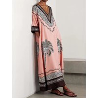 Loose Patchwork V Neck Party Dress, Women Retro Printing Elegant Holiday Dress, 2025 Half Sleeve Casual Ladies Dress Vestidos